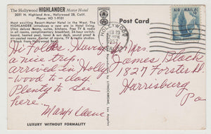 Hollywood Highlander Motor Hotel California Postcard 1958 - TulipStuff
