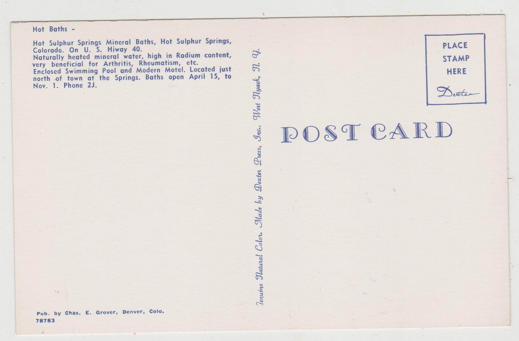 Hot Sulphur Springs Mineral Baths Colorado 1950's Postcard - TulipStuff