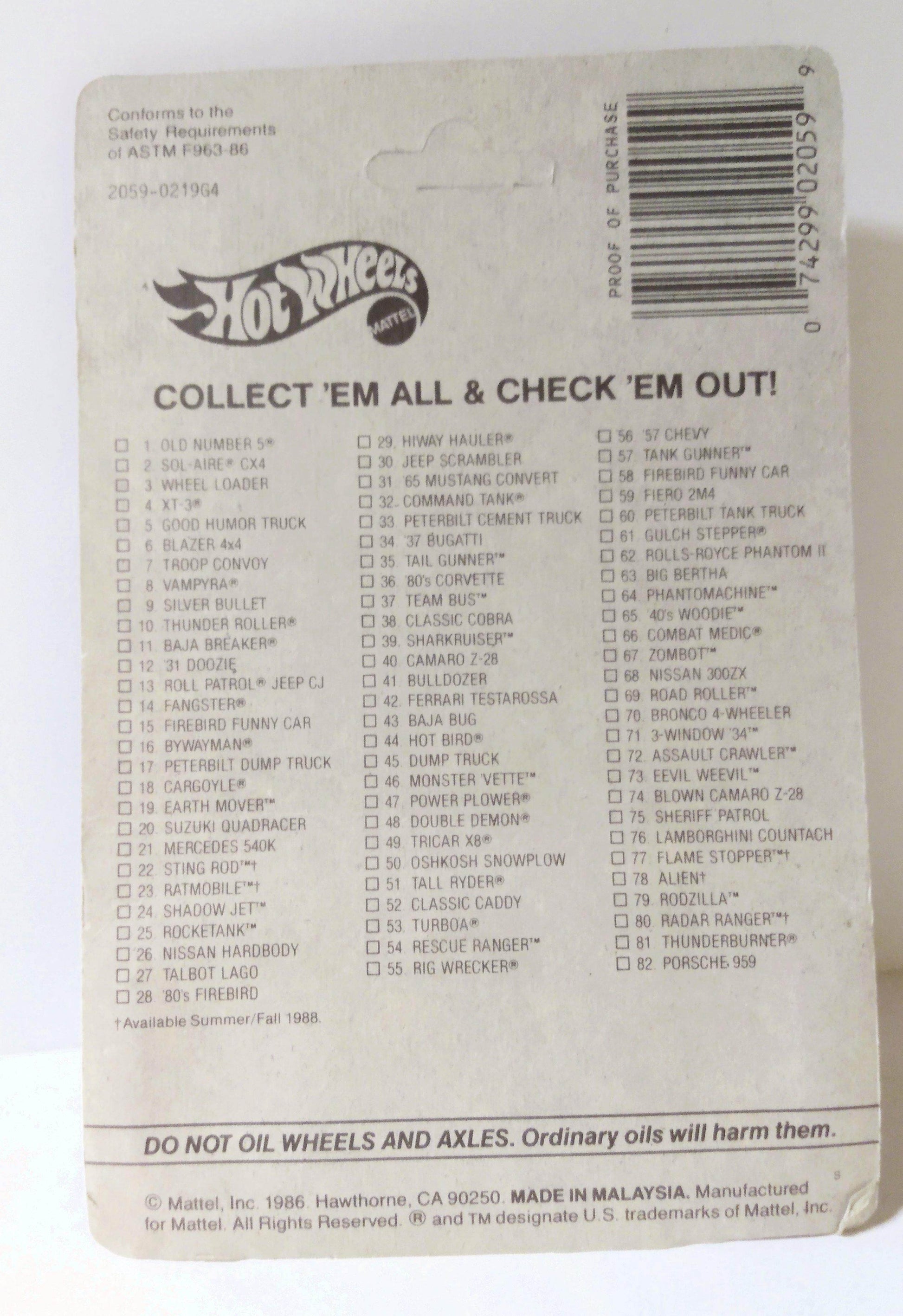 Hot Wheels 2059 Speed Demons Fangster Malaysia Basic Wheels BW 1988 - TulipStuff