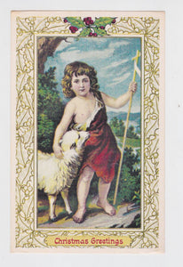 Christmas Greetings Shepherd Boy and Lamb Postcard Vintage - TulipStuff