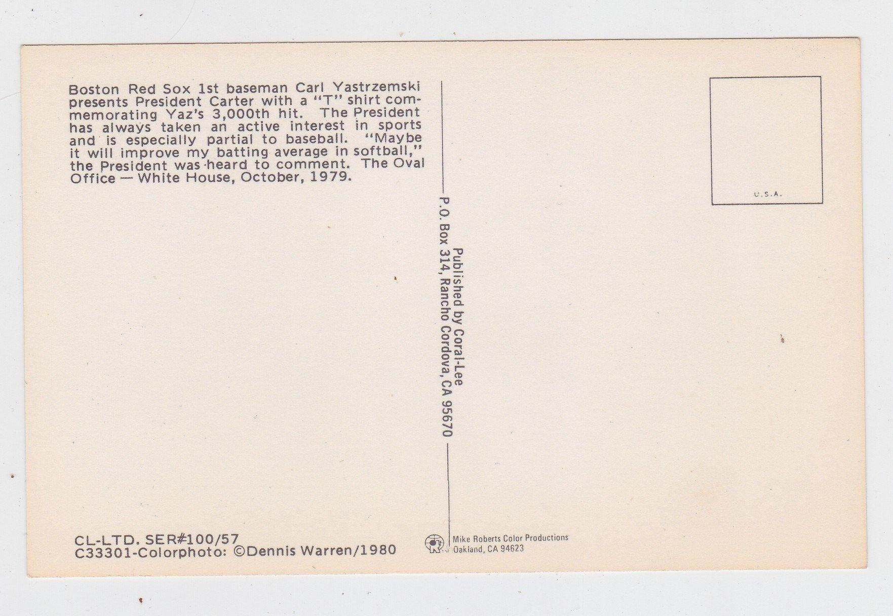 Carl Yastrzemski Boston Red Sox 3000 Hits President Jimmy Carter White House Postcard 1980 - TulipStuff