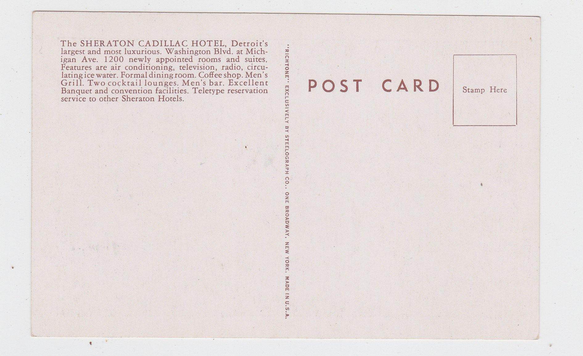 Sheraton-Cadillac Hotel Detroit Michigan Postcard 1950's - TulipStuff