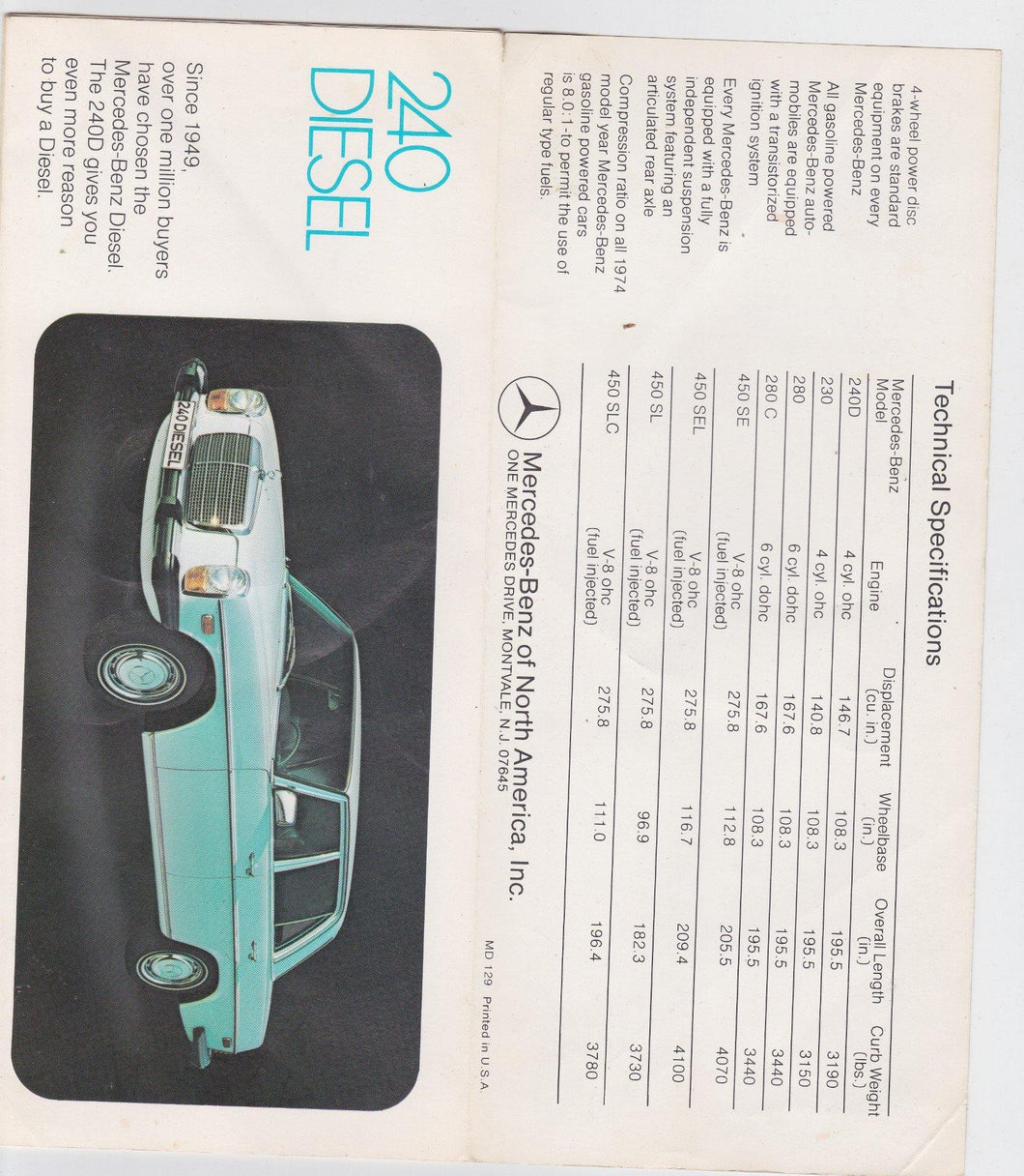 Mercedes-Benz of North America 1970's Foldout Brochure of All Models - TulipStuff