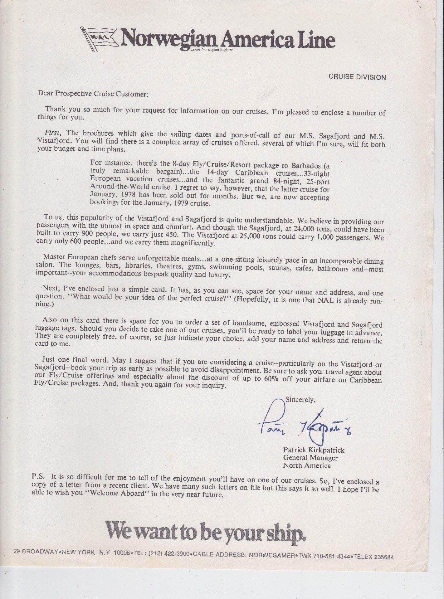 Norwegian America Line Cruise Ship M.S. Sagafjord European Cruises 1978 Brochure - TulipStuff