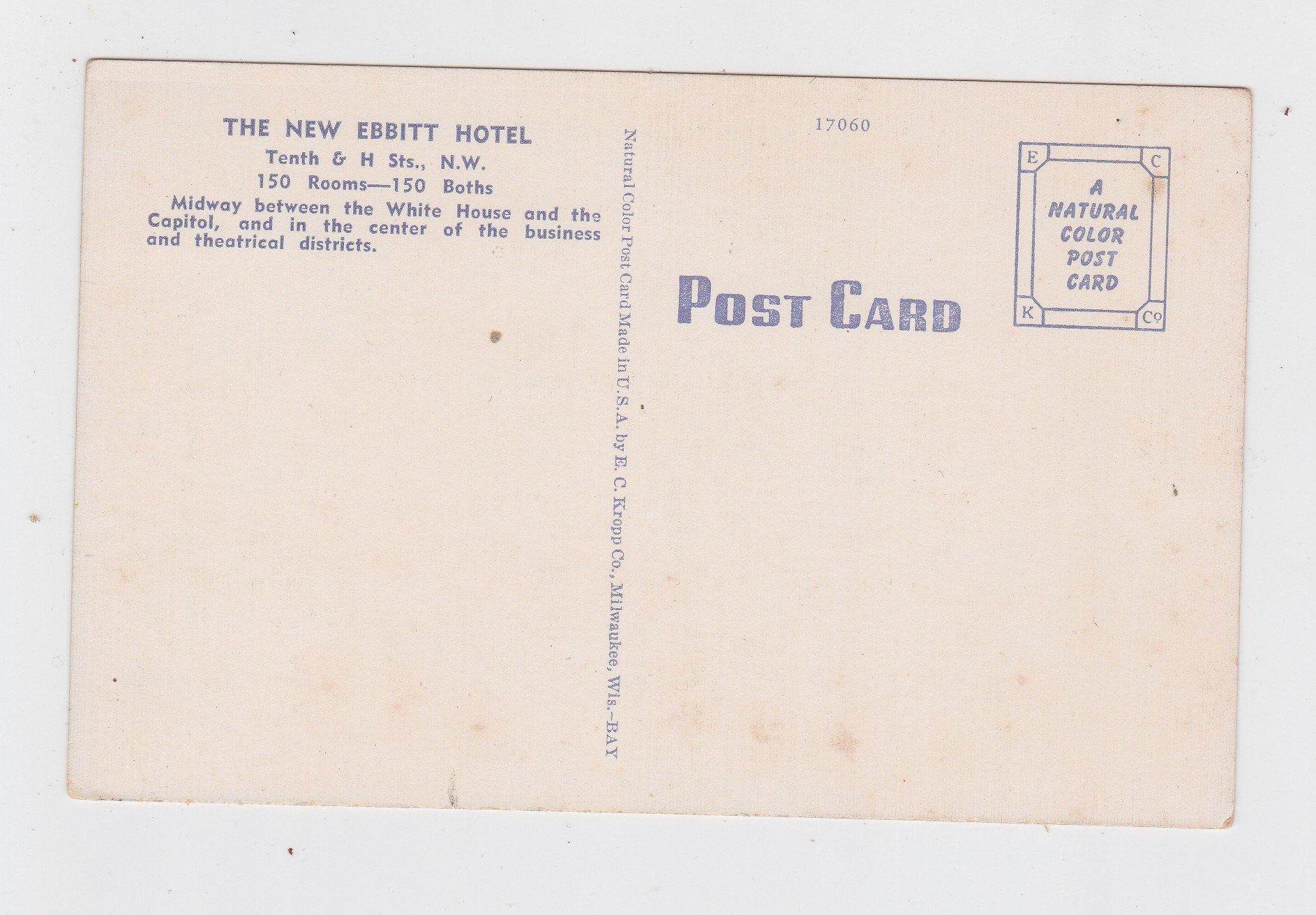 The New Ebbitt Hotel Washington DC 1940's Linen Postcard - TulipStuff