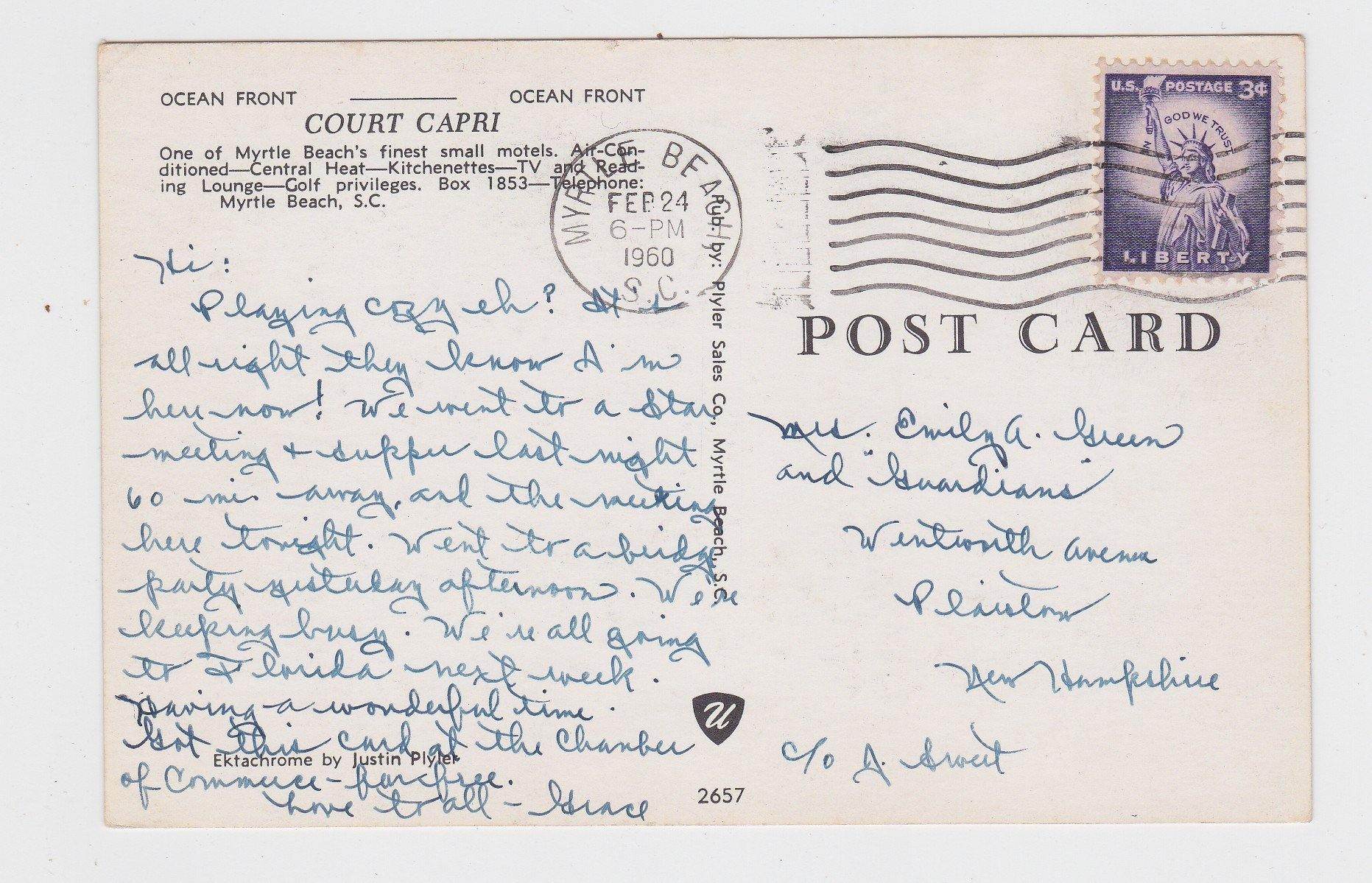 Court Capri Motel Myrtle Beach South Carolina Postcard 1960 - TulipStuff