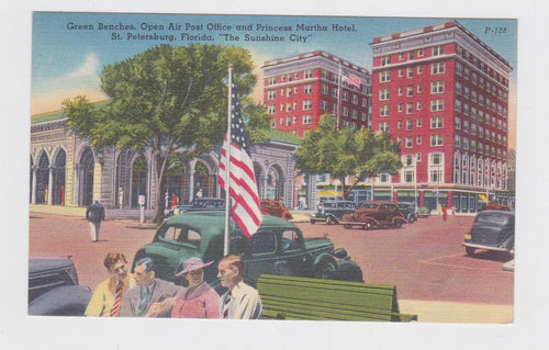 St Petersburg FL Green Benches Open Air Post Office Princess Martha Hotel Postcard 1940's - TulipStuff