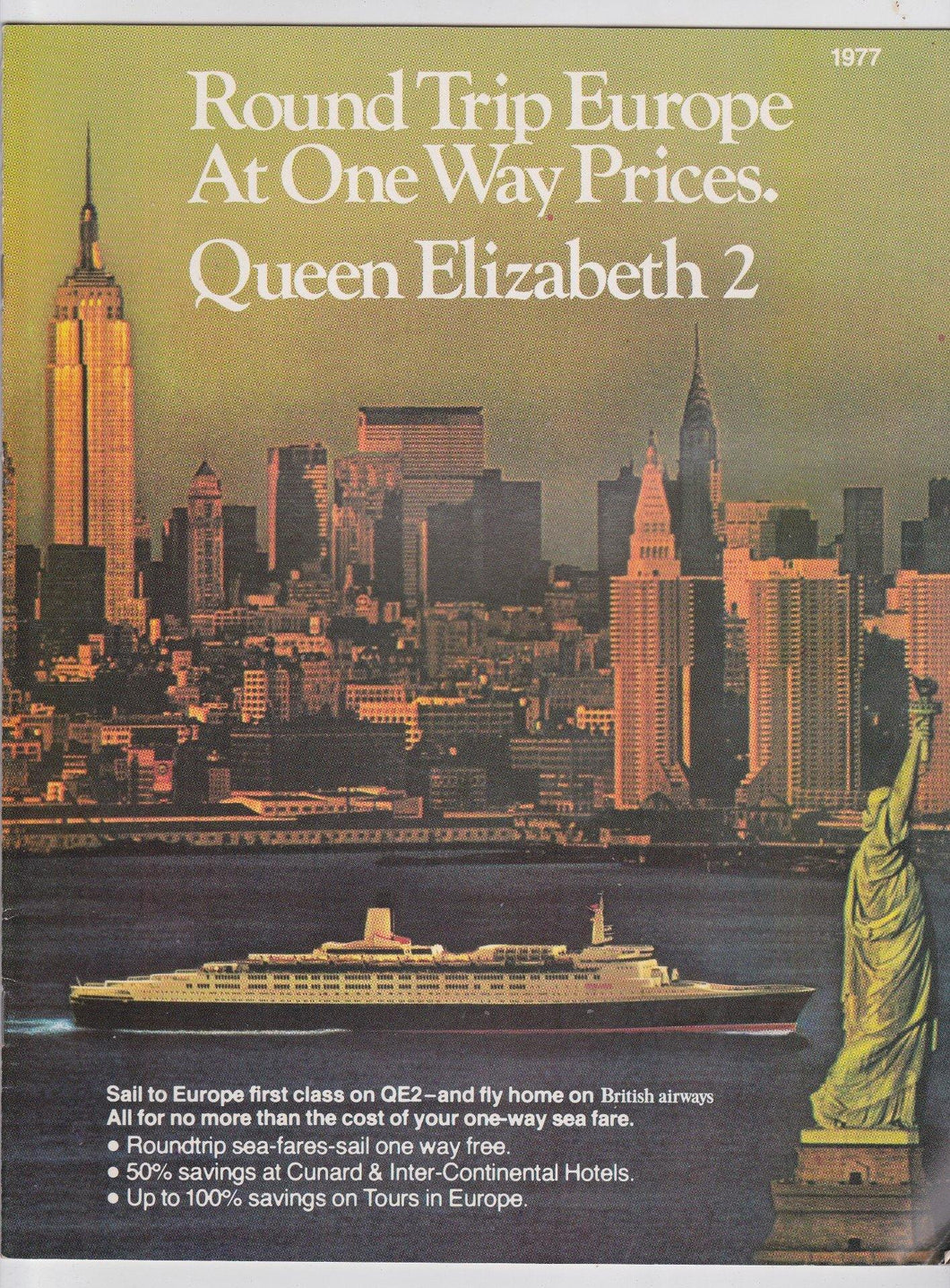 Cunard Line Queen Elizabeth 2 QE2 1977 New York Europe Cruises Brochure - TulipStuff