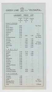 Greek Line TSS Olympia Laundry Price List 1974 - TulipStuff