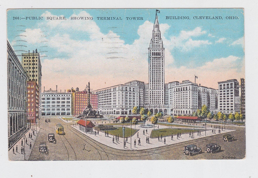 Cleveland Ohio Public Square Showing Terminal Tower Postcard late 1920's - TulipStuff