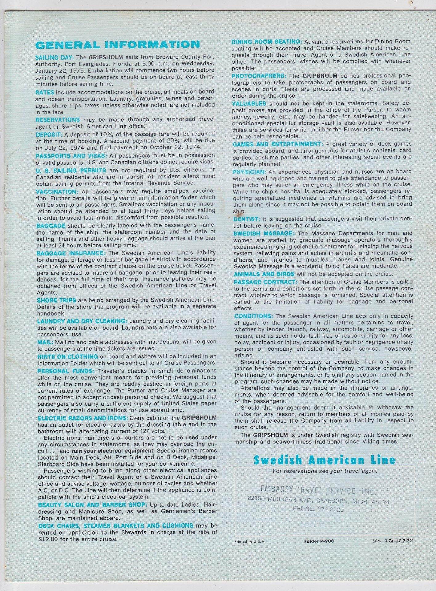 Swedish American Line M.S. Gripsholm 1975 Around South America Brochure - TulipStuff