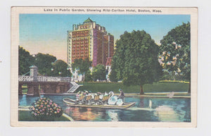 Lake in Public Garden Swan Boat Ritz-Carlton Hotel Boston MA 1930's Postcard - TulipStuff