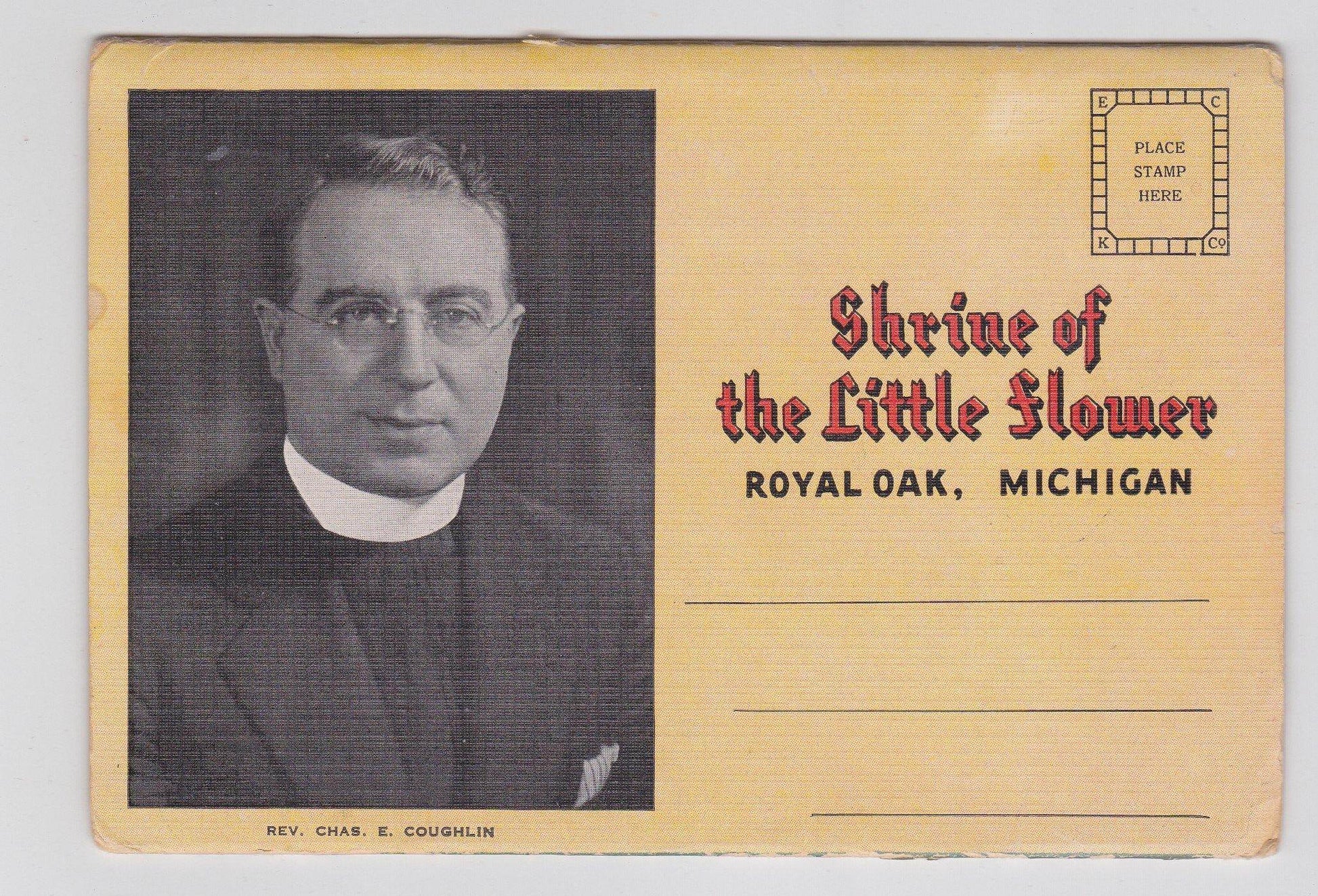 Shrine of the Little Flower Royal Oak Michigan 1940's Linen Postcard Booklet 18 views - TulipStuff