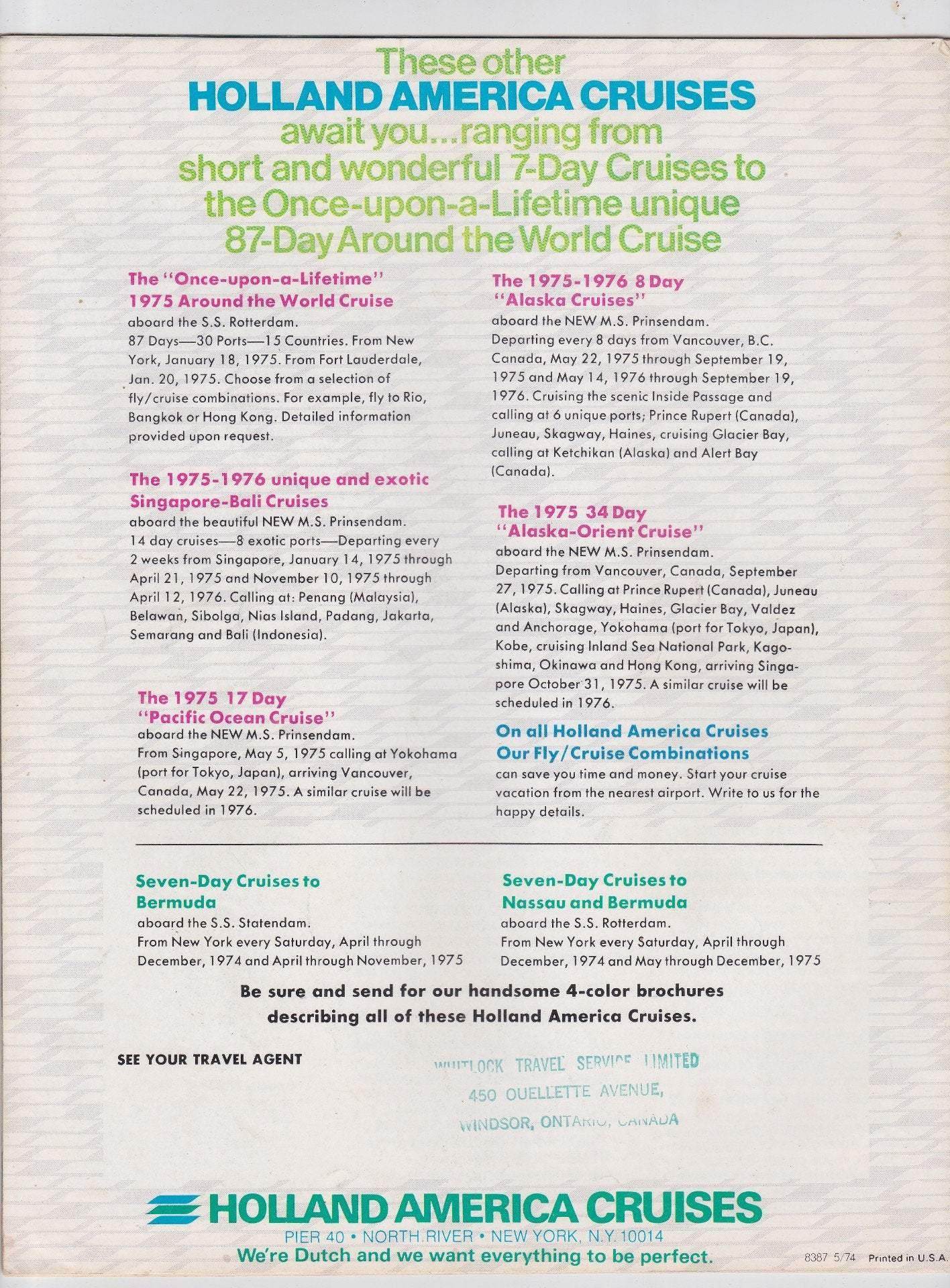 Holland America Cruises ss Statendam 1974-75 Caribbean South America Cruise Brochure - TulipStuff