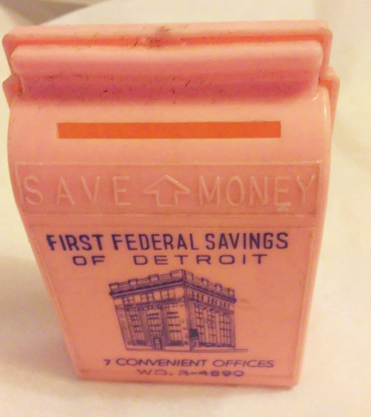 First Federal Savings of Detroit Vintage 1950's Pink Child's Bank - TulipStuff
