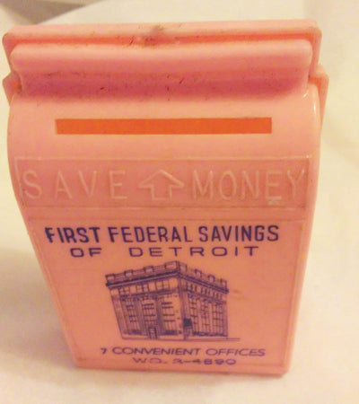 First Federal Savings of Detroit Vintage 1950's Pink Child's Bank - TulipStuff