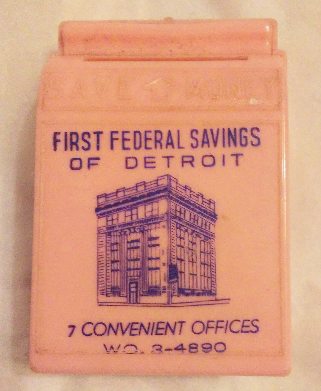 First Federal Savings of Detroit Vintage 1950's Pink Child's Bank - TulipStuff