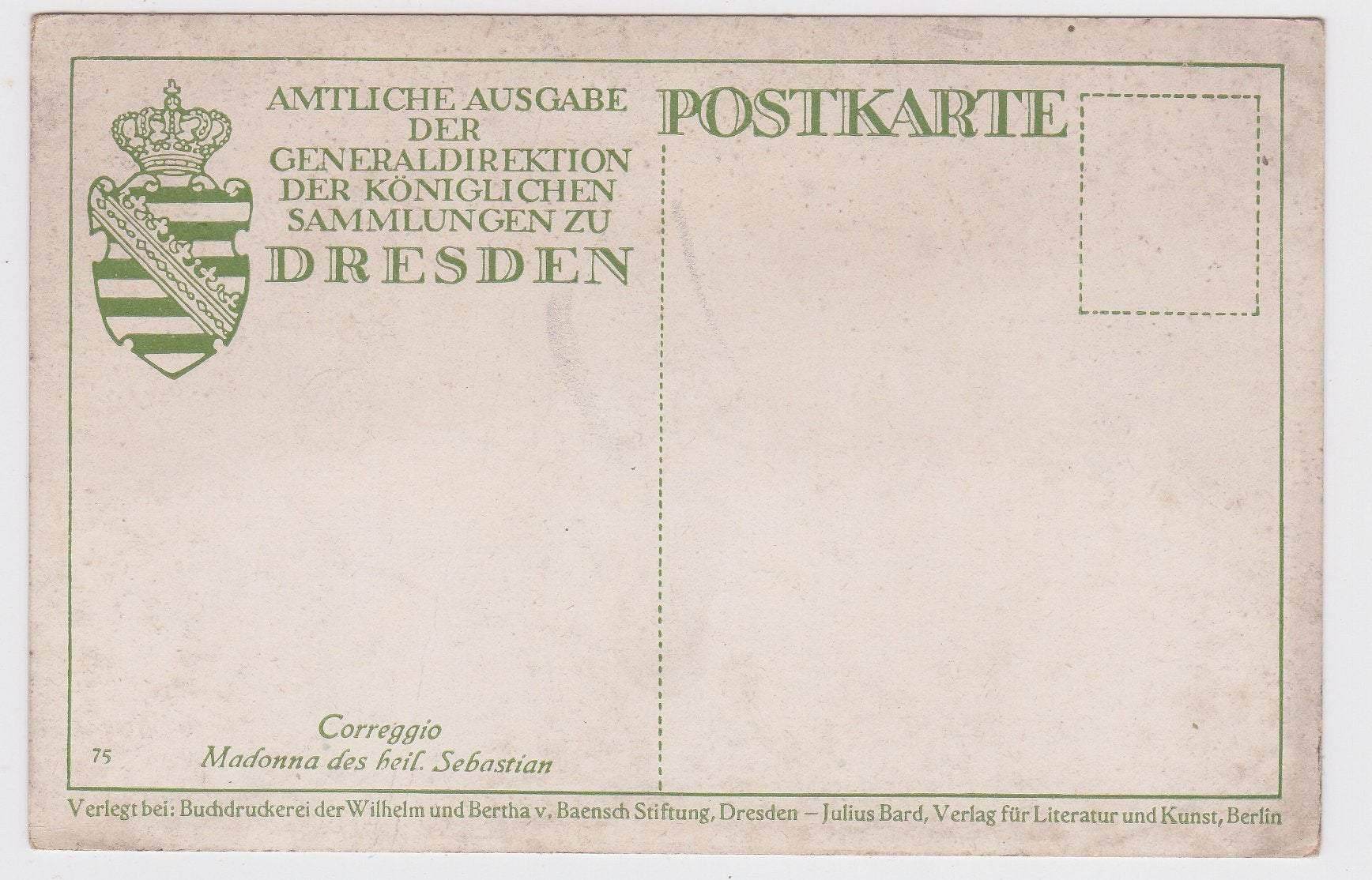 Correggio Madonna des heil Sebastian  1920's Postcard Julius Bard no. 75 Dresden Germany - TulipStuff