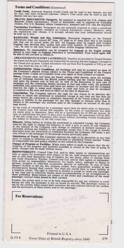 Cunard Adventurer 1976-77 Caribbean Fly Cruises Cunard Line Eastern Airlines Brochure - TulipStuff