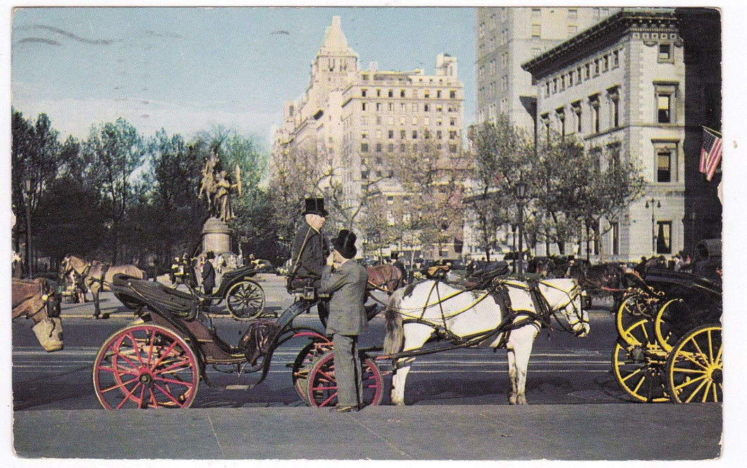 Horse Carriages on 59th Street Central Park New York City 1950's Postcard - TulipStuff
