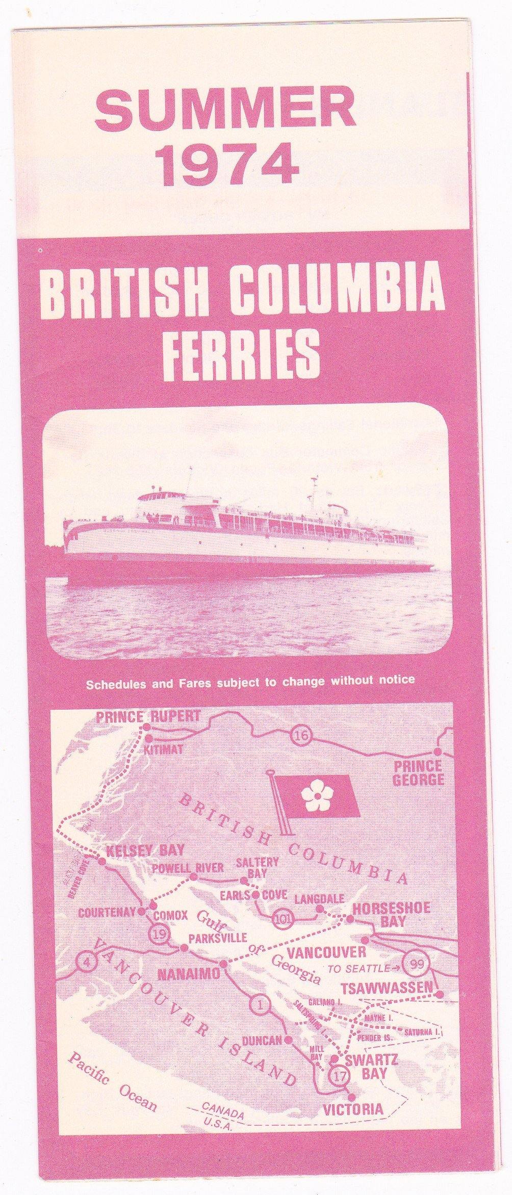 British Columbia Ferries Summer 1974 Schedules and Fares Timetable Brochure Canada - TulipStuff