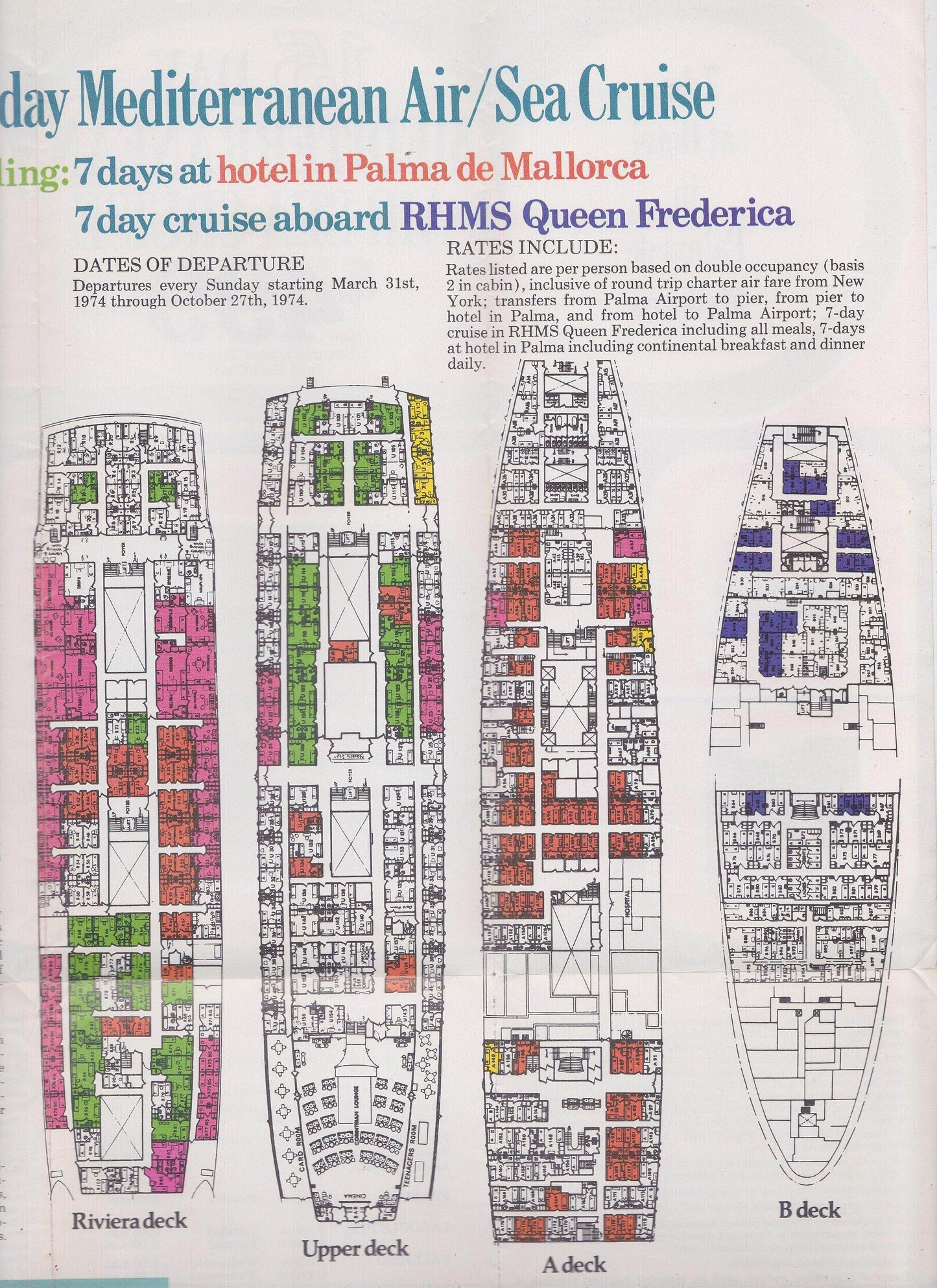 Chandris Lines RHMS Queen Frederica 1974 Mediterranean Air Sea Cruise Brochure - TulipStuff