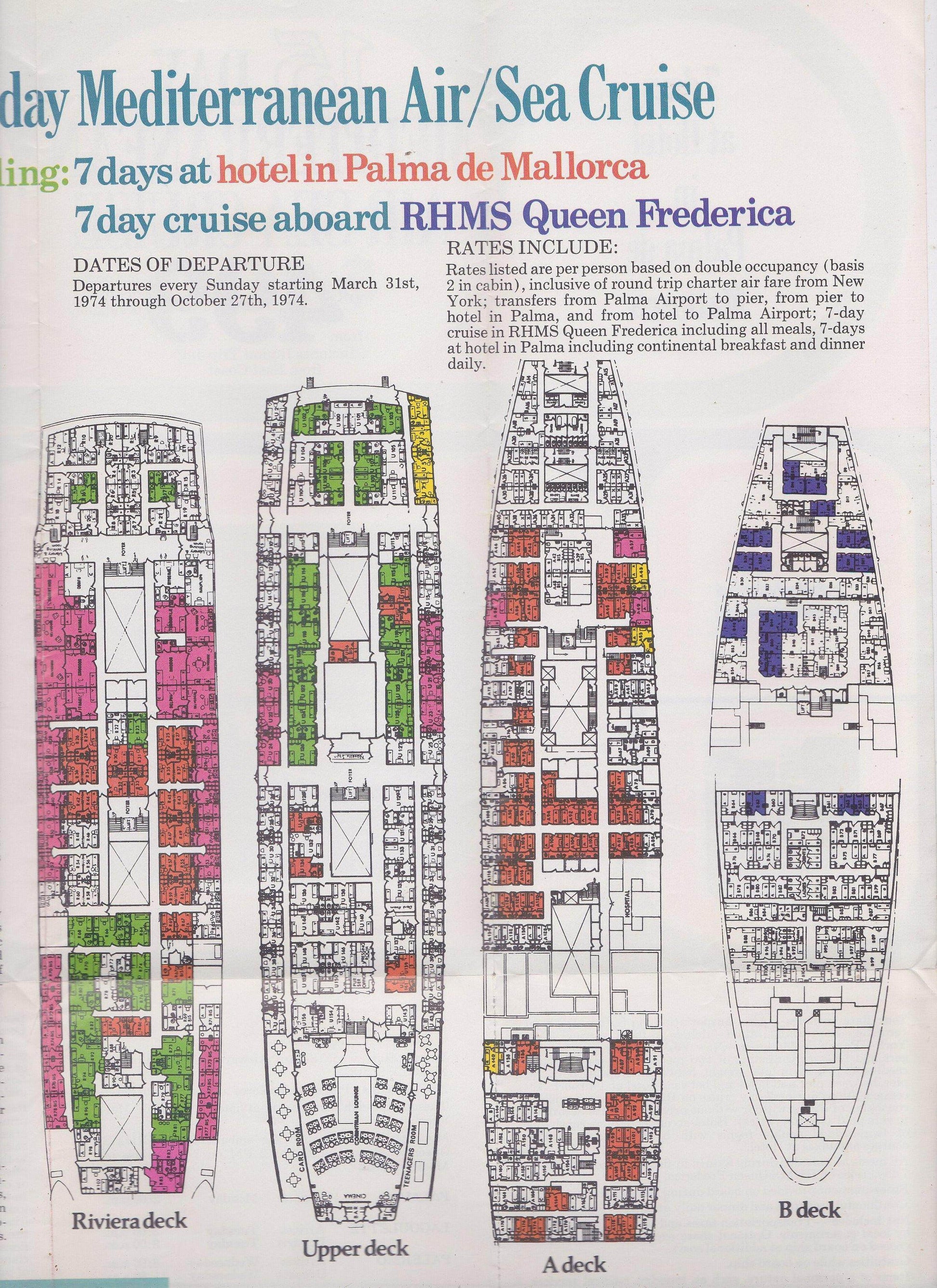 Chandris Lines RHMS Queen Frederica 1974 Mediterranean Air Sea Cruise Brochure - TulipStuff