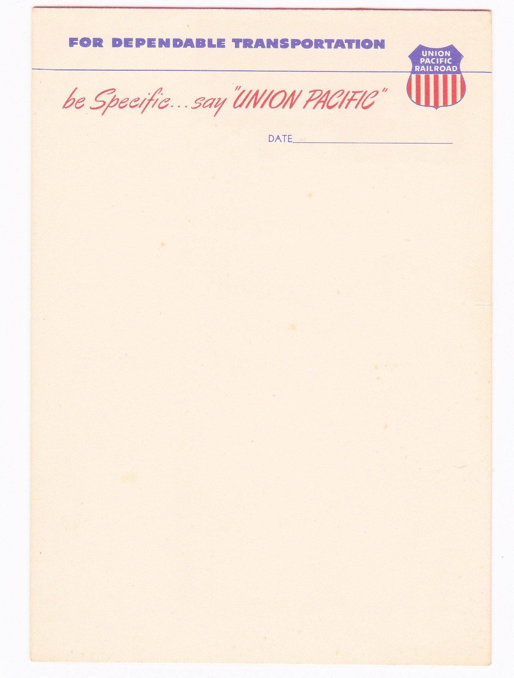 Union Pacific Railroad For Dependable Transportation 1960's Notepad with 9 Sheets - TulipStuff