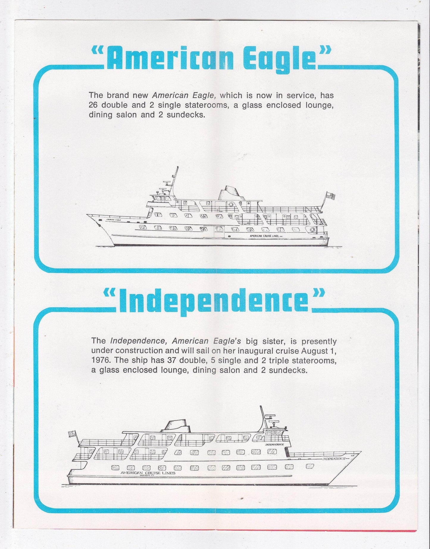 American Cruise Lines 1976 American Eagle Independence Cruise Brochure Haddam Ct East Coast Cruises - TulipStuff