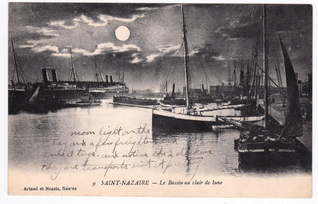 Saint-Nazaire Le Bassin au claire de lune 1910's Harbor Ships French Antique Postcard - TulipStuff