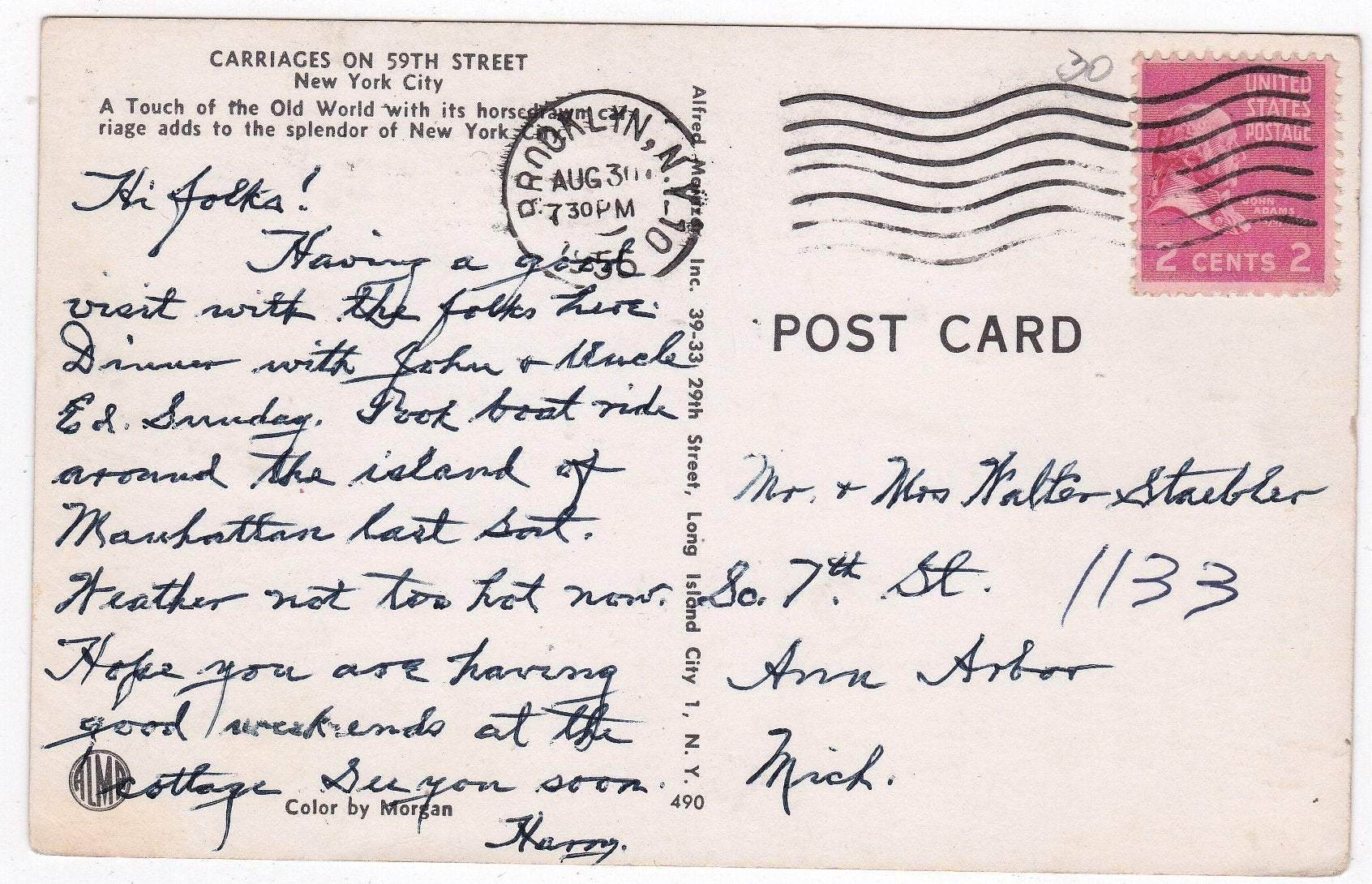 Horse Carriages on 59th Street Central Park New York City 1950's Postcard - TulipStuff