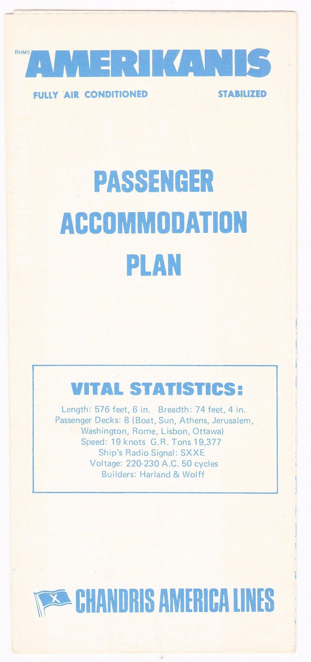 Chandris Lines RHMS Amerikanis Passenger Accomodation Plan Deck Plans 1972 - TulipStuff