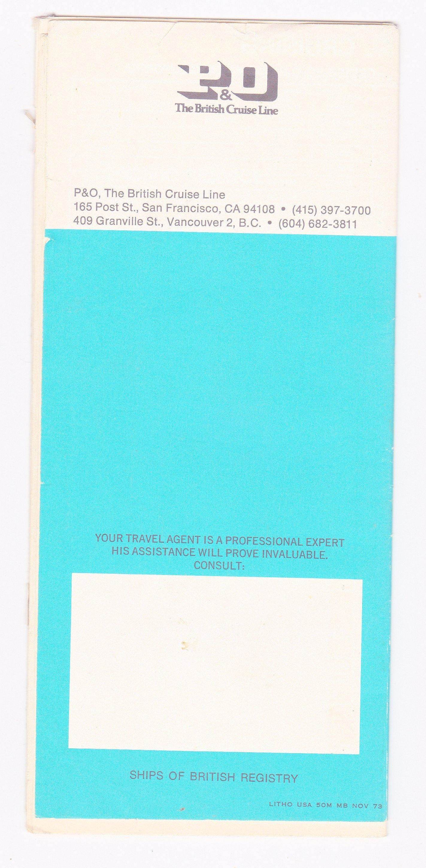 P&O The British Cruise Line 1973/74 Fares And Sailing Schedule Arcadia Spirit of London Canberra Oriana Oronsay - TulipStuff