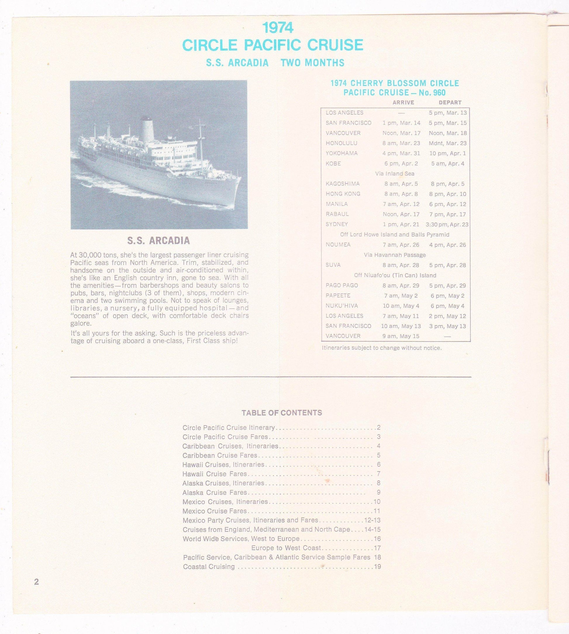 P&O The British Cruise Line 1973/74 Fares And Sailing Schedule Arcadia Spirit of London Canberra Oriana Oronsay - TulipStuff