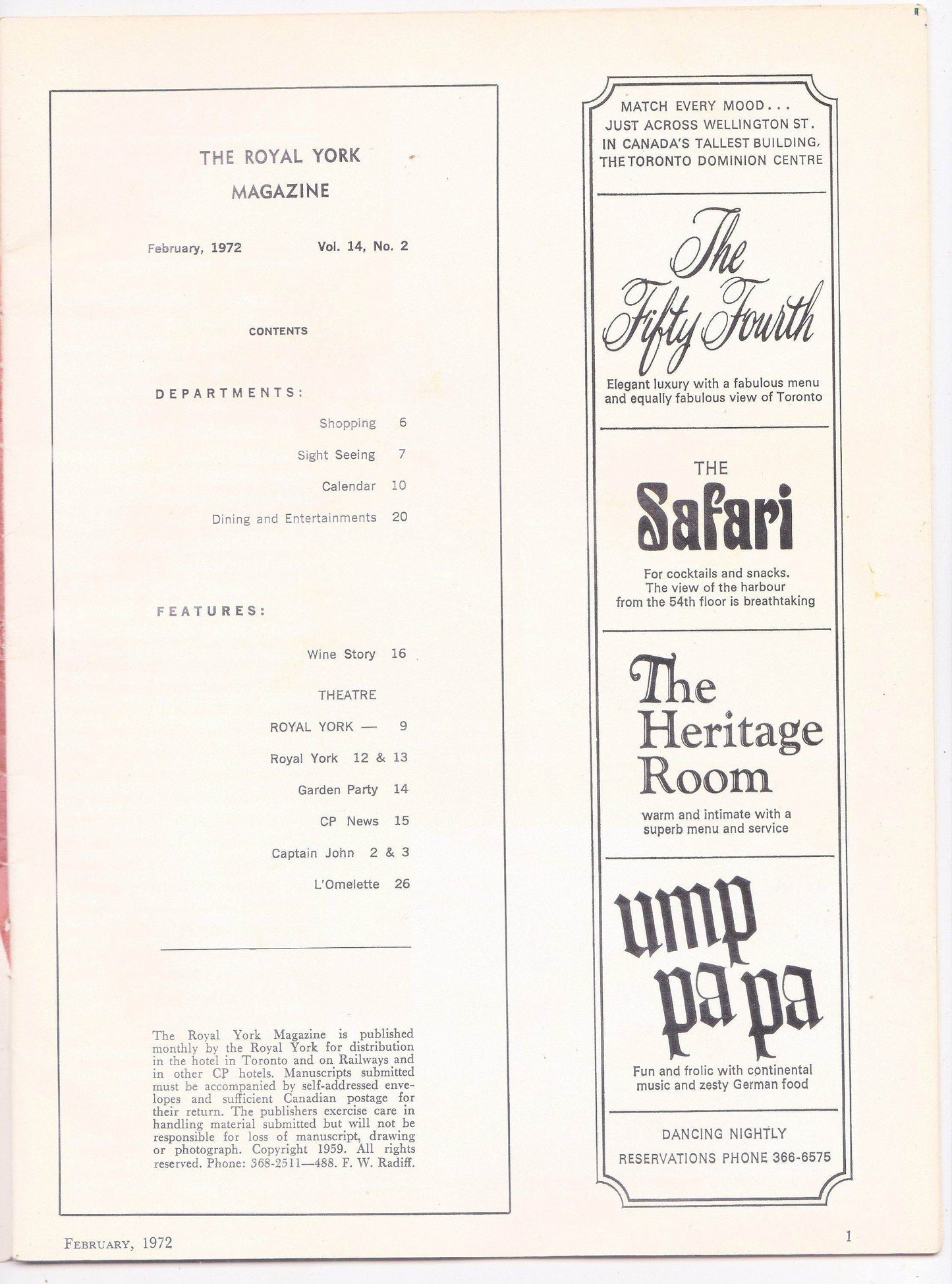 Royal York Hotel Magazine February 1972 CP Hotels Toronto Ontario Canada - TulipStuff