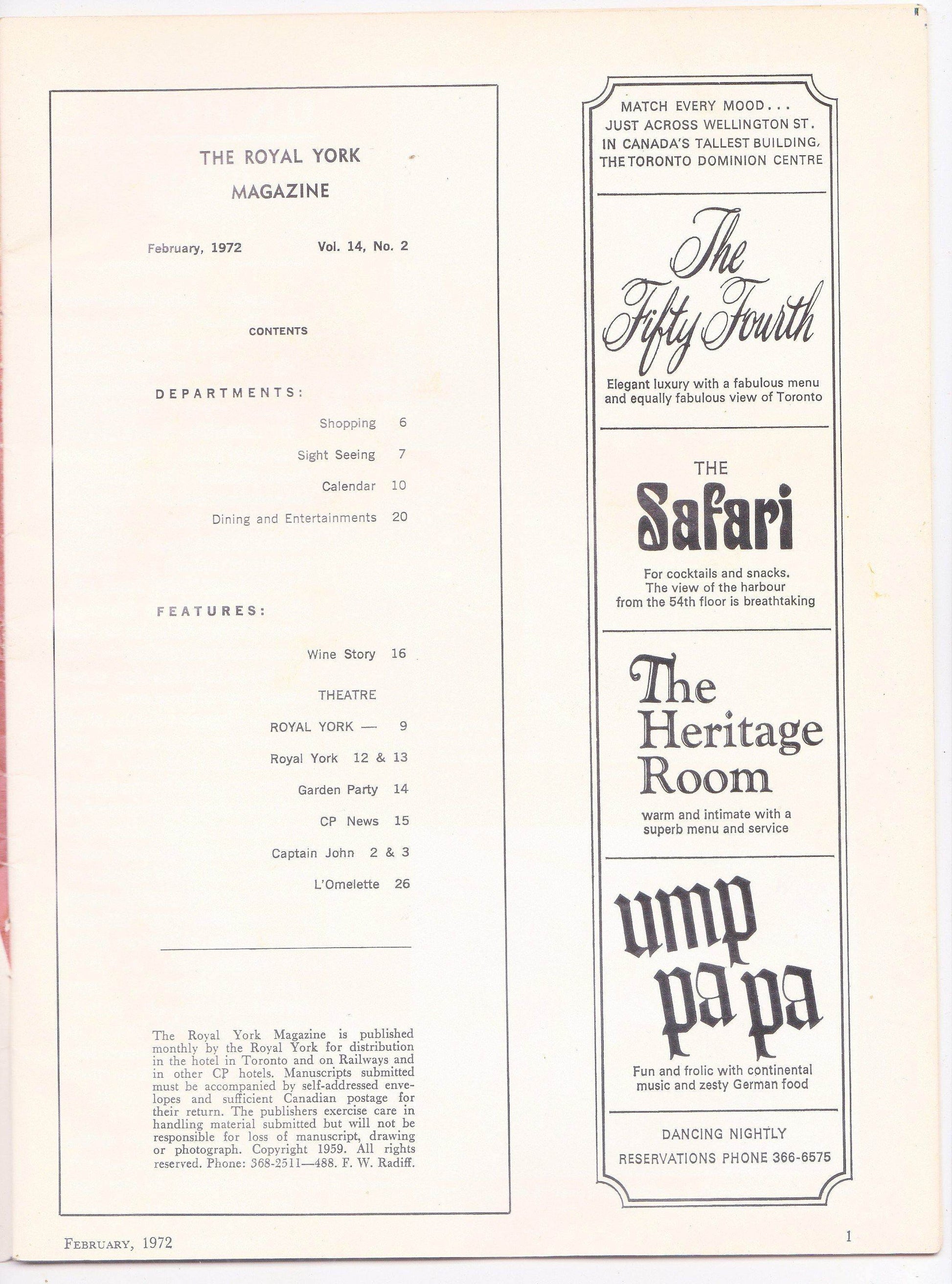 Royal York Hotel Magazine February 1972 CP Hotels Toronto Ontario Canada - TulipStuff