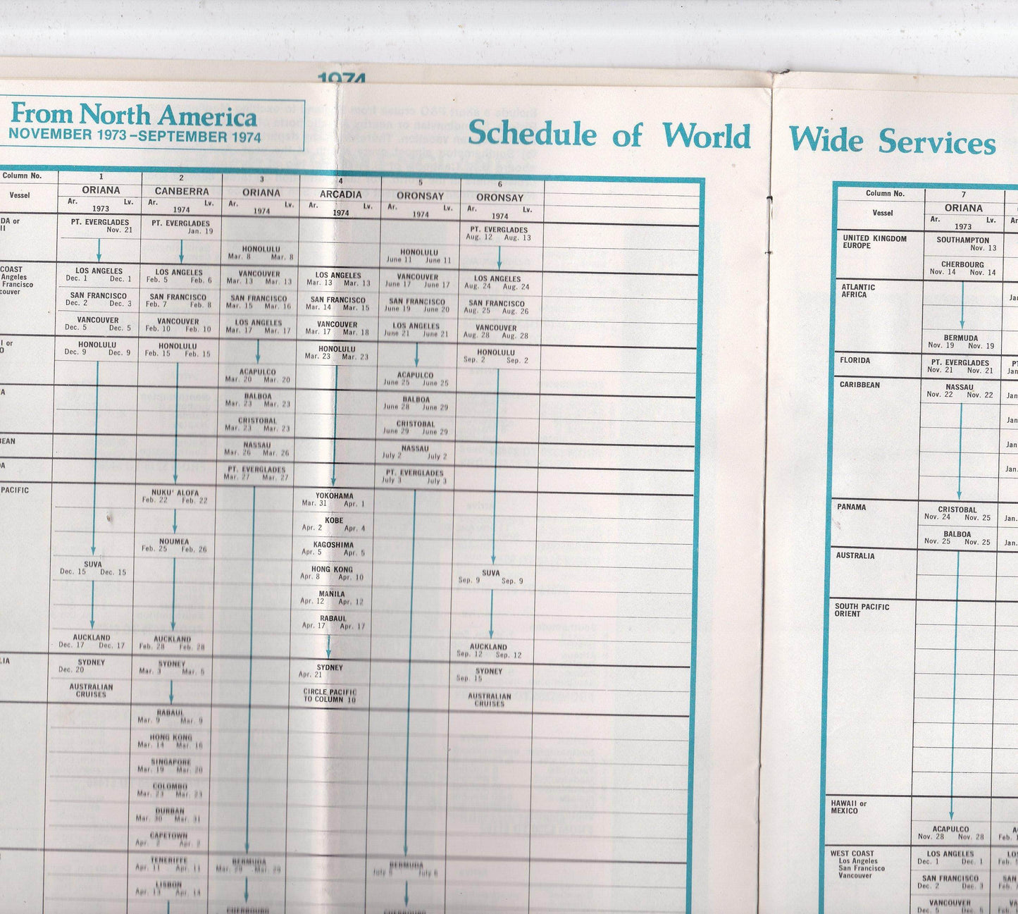 P&O The British Cruise Line 1973/74 Fares And Sailing Schedule Arcadia Spirit of London Canberra Oriana Oronsay - TulipStuff