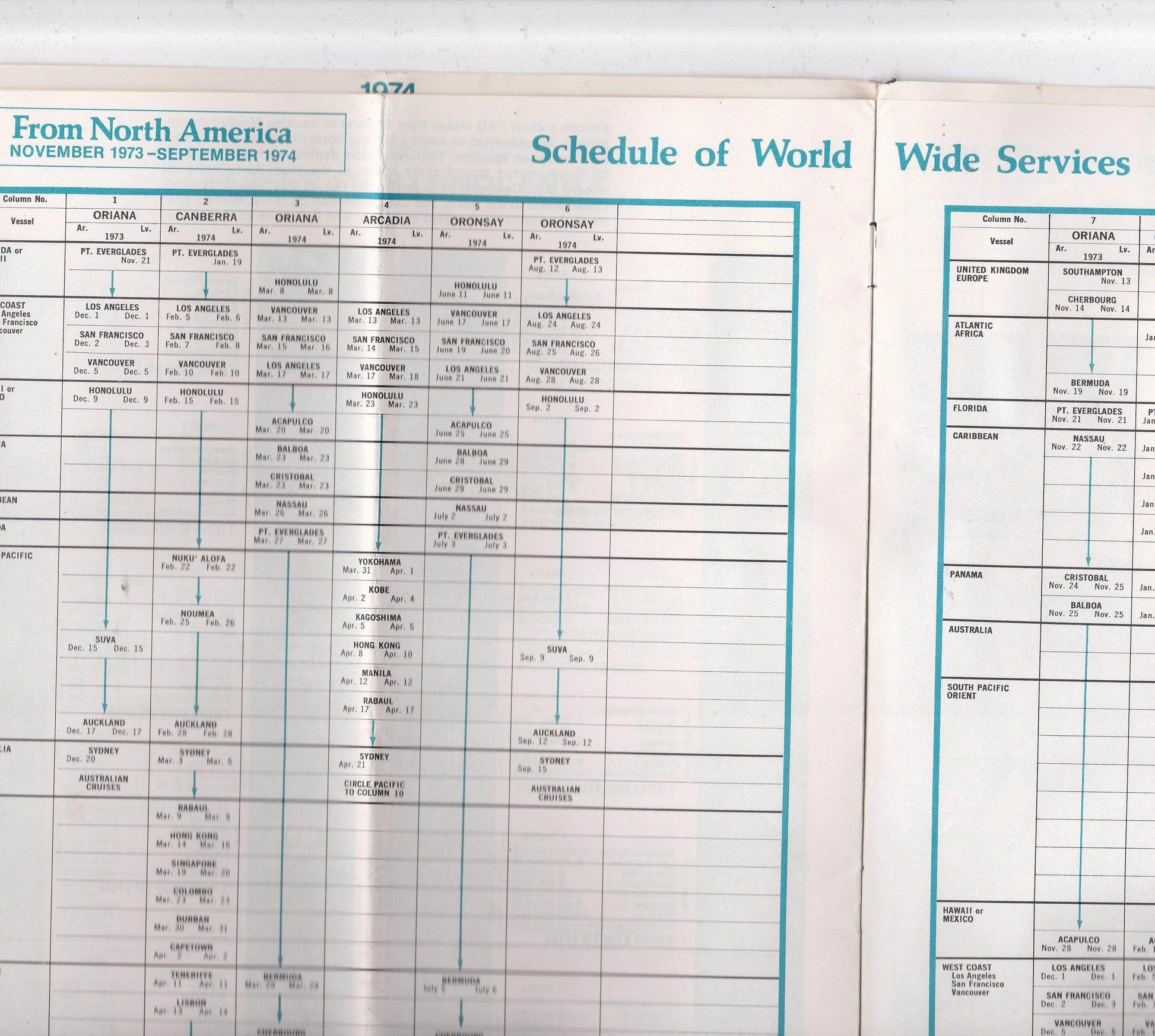 P&O The British Cruise Line 1973/74 Fares And Sailing Schedule Arcadia Spirit of London Canberra Oriana Oronsay - TulipStuff