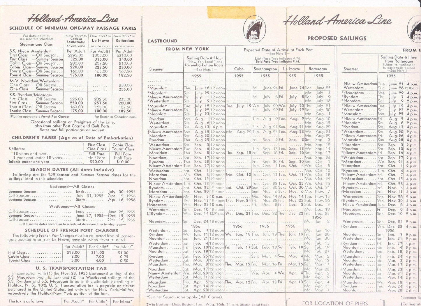 Holland America Line 1955 Transatlantic Sailing Schedule Nieuw Amsterdam Ryndam Maasdam Westerdam Noordam - TulipStuff