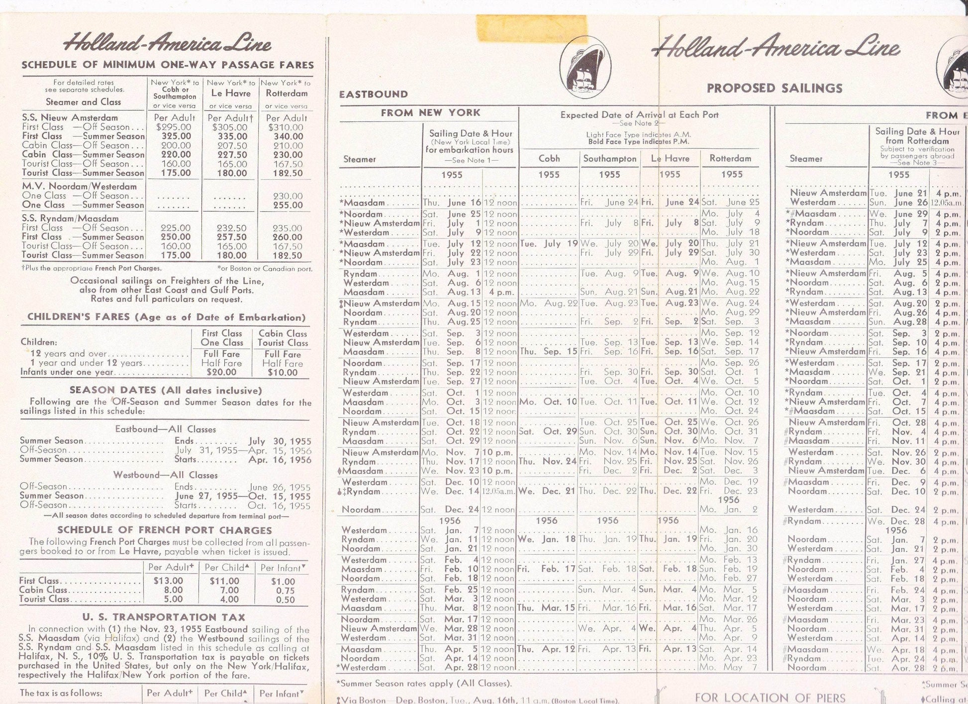 Holland America Line 1955 Transatlantic Sailing Schedule Nieuw Amsterdam Ryndam Maasdam Westerdam Noordam - TulipStuff