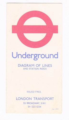 London Transport Underground Map and Tube Station Index Pocket Map 1974 No 1 - TulipStuff