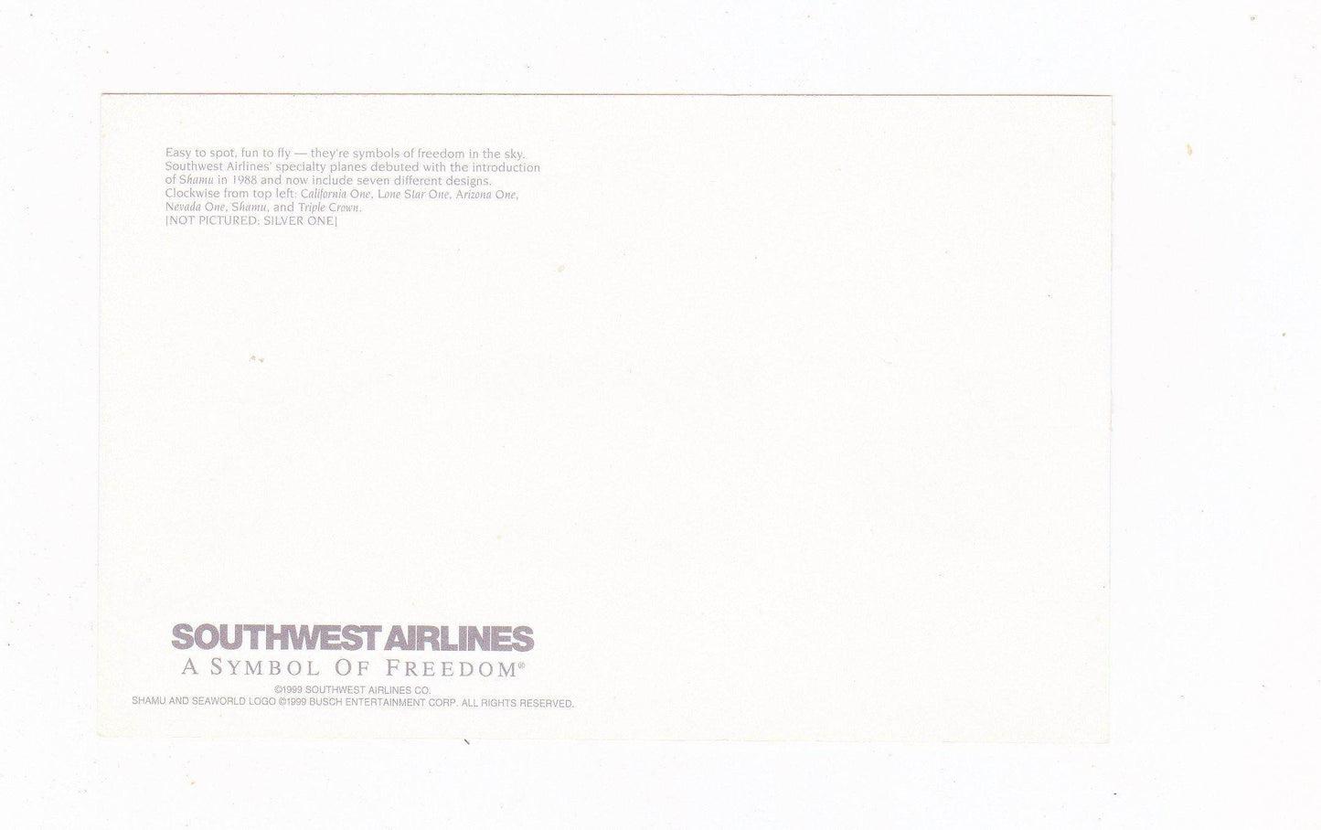 Southwest Airlines 1999 Promotional A Symbol of Freedom Shamu Sea World Postcard - TulipStuff