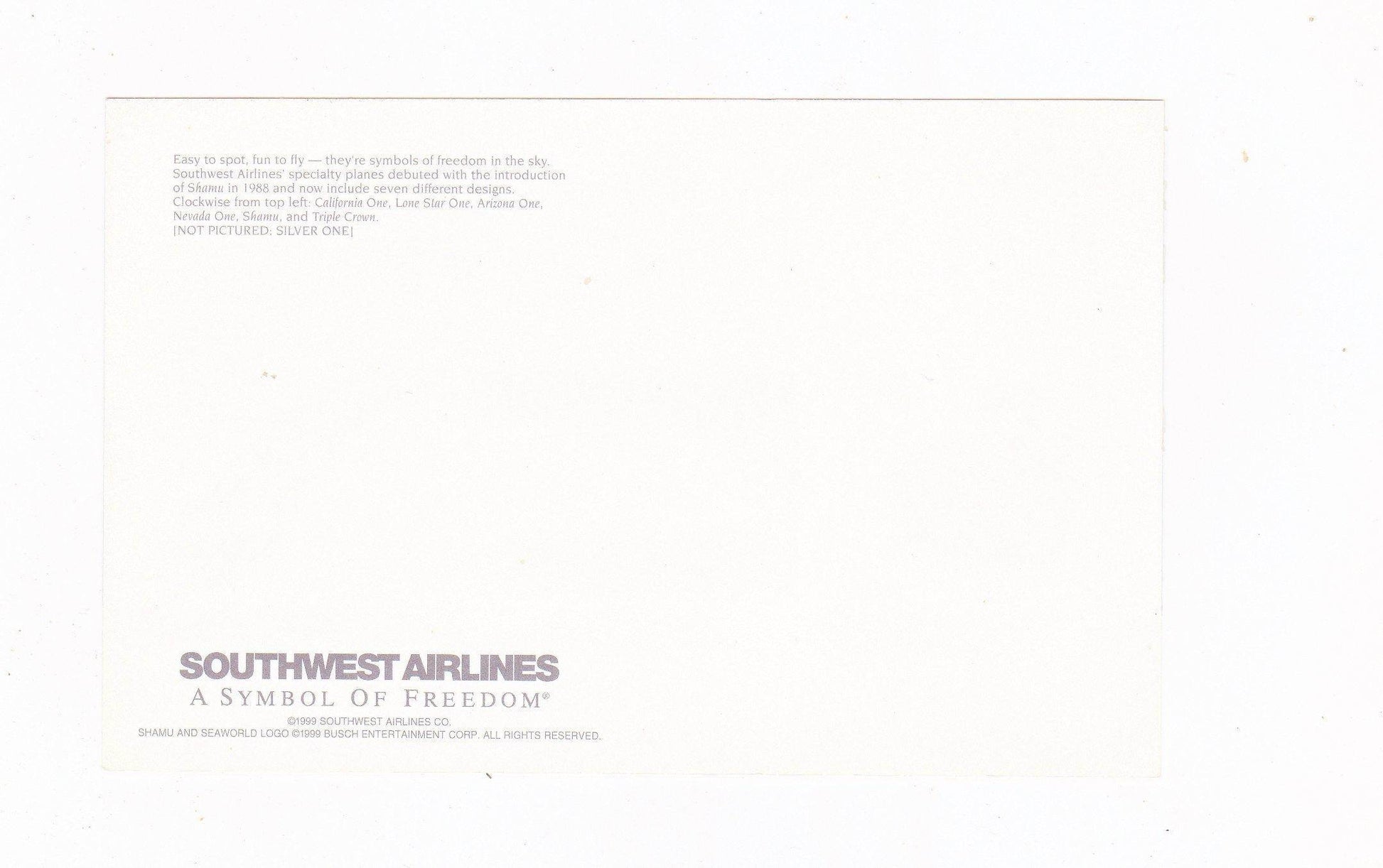 Southwest Airlines 1999 Promotional A Symbol of Freedom Shamu Sea World Postcard - TulipStuff