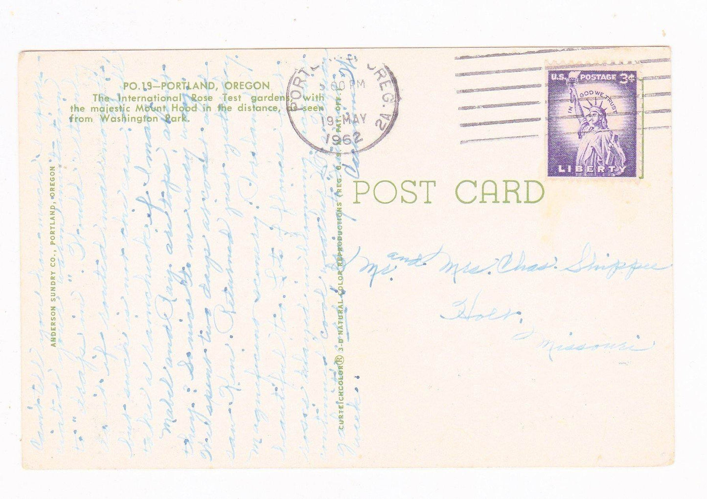 Portland Oregon International Rose Test Gardens and Mount Hood Early 1960's Postcard - TulipStuff