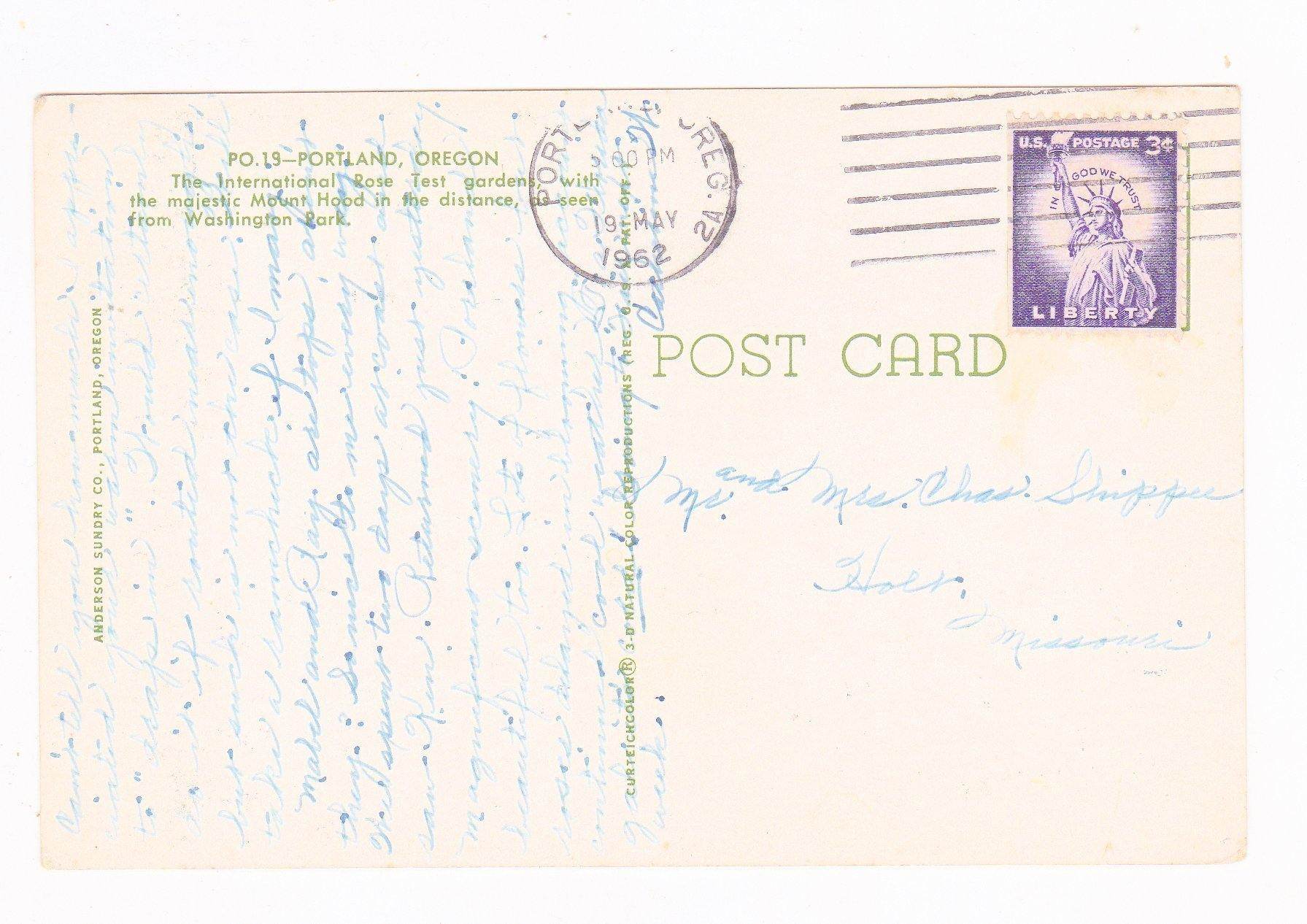 Portland Oregon International Rose Test Gardens and Mount Hood Early 1960's Postcard - TulipStuff