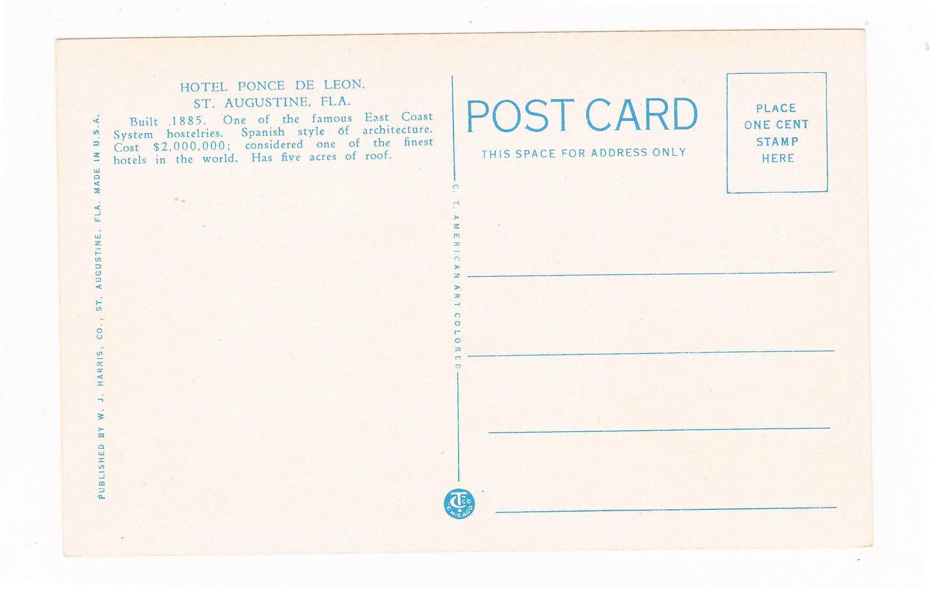 Hotel Ponce de Leon St Augustine Florida 1930's Postcard - TulipStuff