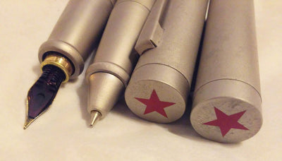 YAFA USSR Soviet Union CCCP Red Star Writing Set Ballpoint Pen Fountain Pen in Wood Box 1990 Brushed Stainless Steel - TulipStuff