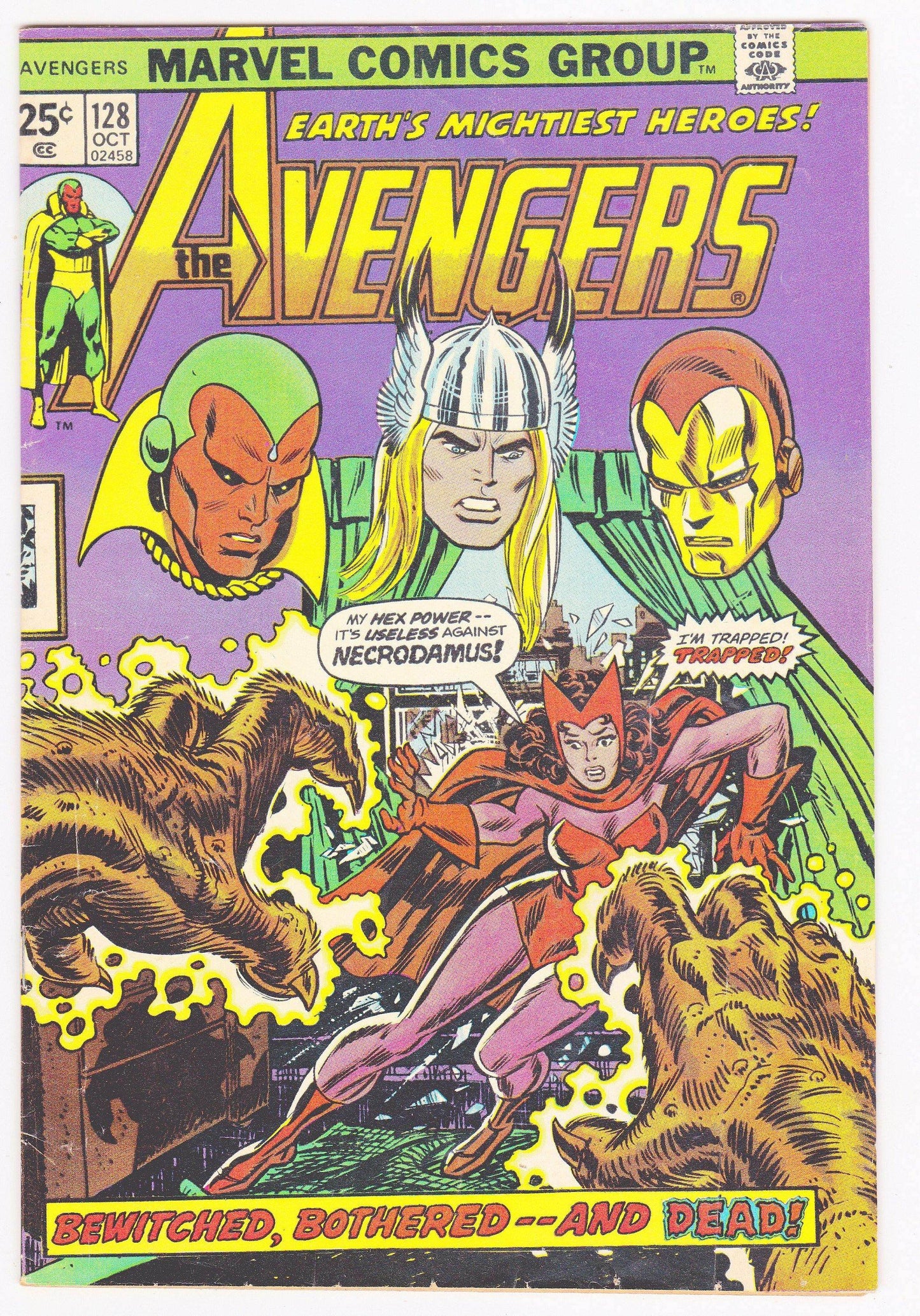 The Avengers no. 128 October 1974 Marvel Comics Stan Lee Bewitched Bothered and Dead - TulipStuff