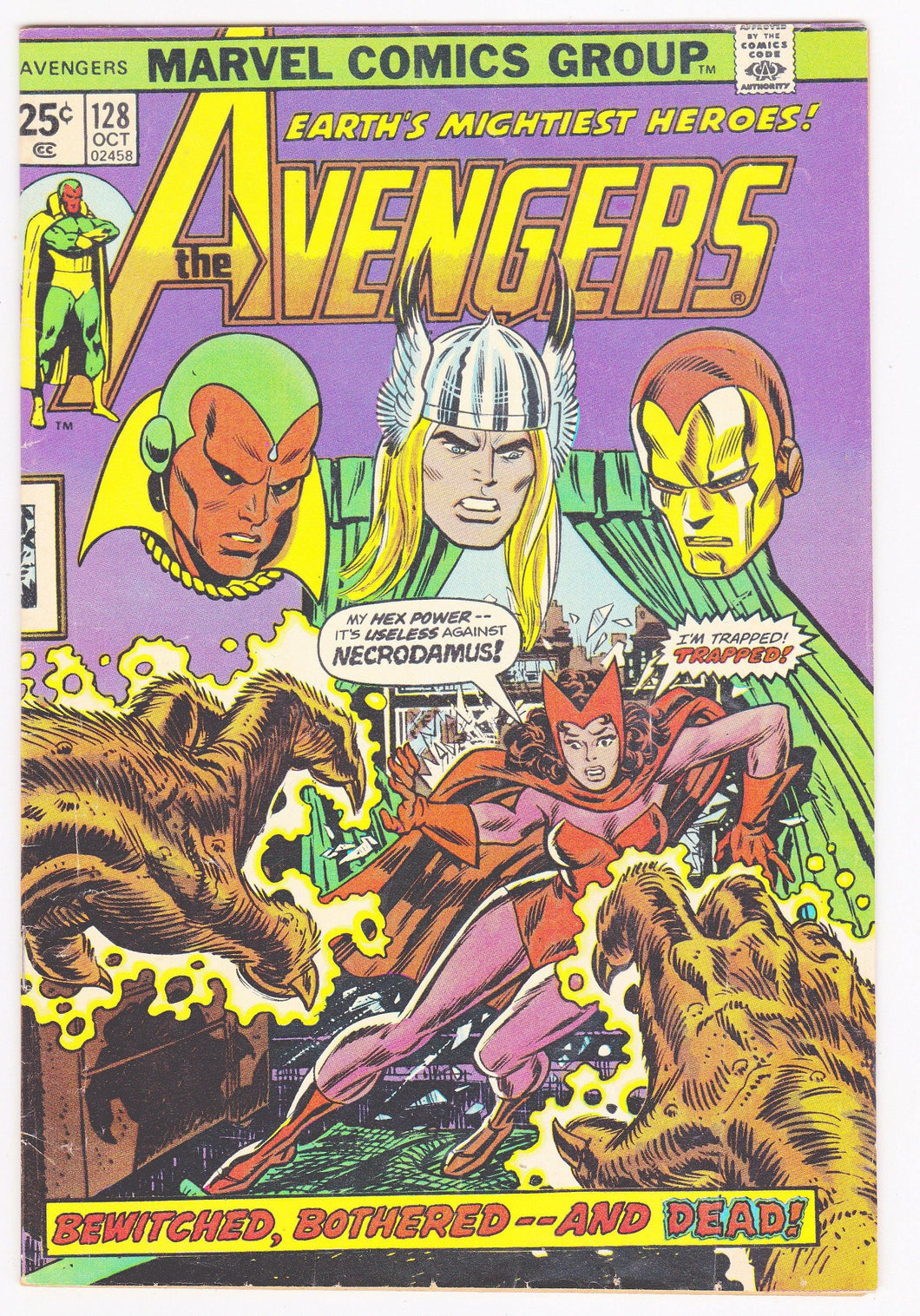 The Avengers no. 128 October 1974 Marvel Comics Stan Lee Bewitched Bothered and Dead - TulipStuff