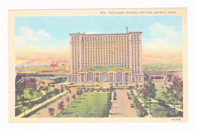 Michigan Central Station Detroit Michigan 1940's Linen Postcard Railroad Station - TulipStuff